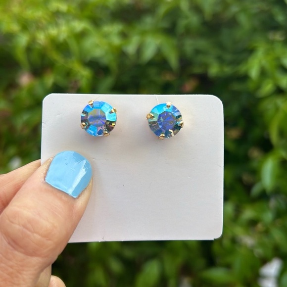 Iridescent Blue + Gold Crystal Earrings - Picture 4 of 16